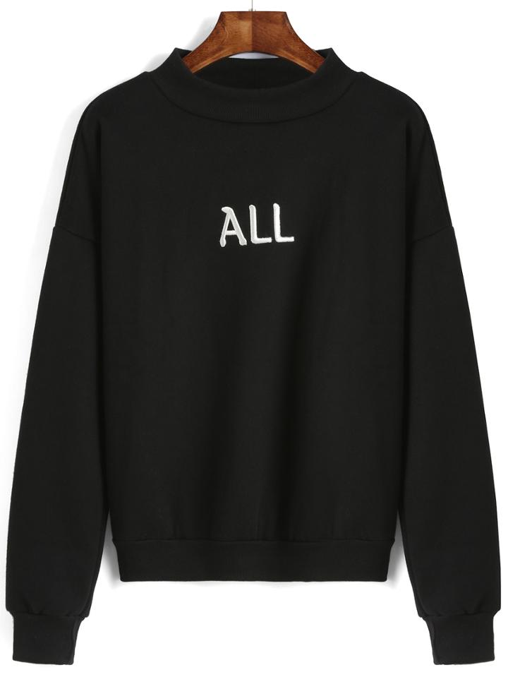 Romwe Letter Embroidered Loose Black Sweatshirt