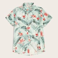 Romwe Guys Tropical & Floral Print Curved Hem Shirt