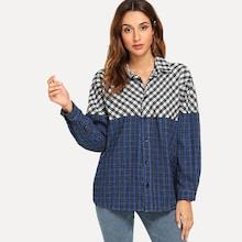 Romwe Curved Hem Contrast Plaid Blouse