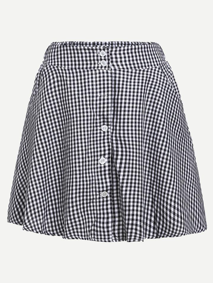 Romwe Small Black Checkerboard Buttoned Front A-line Skirt