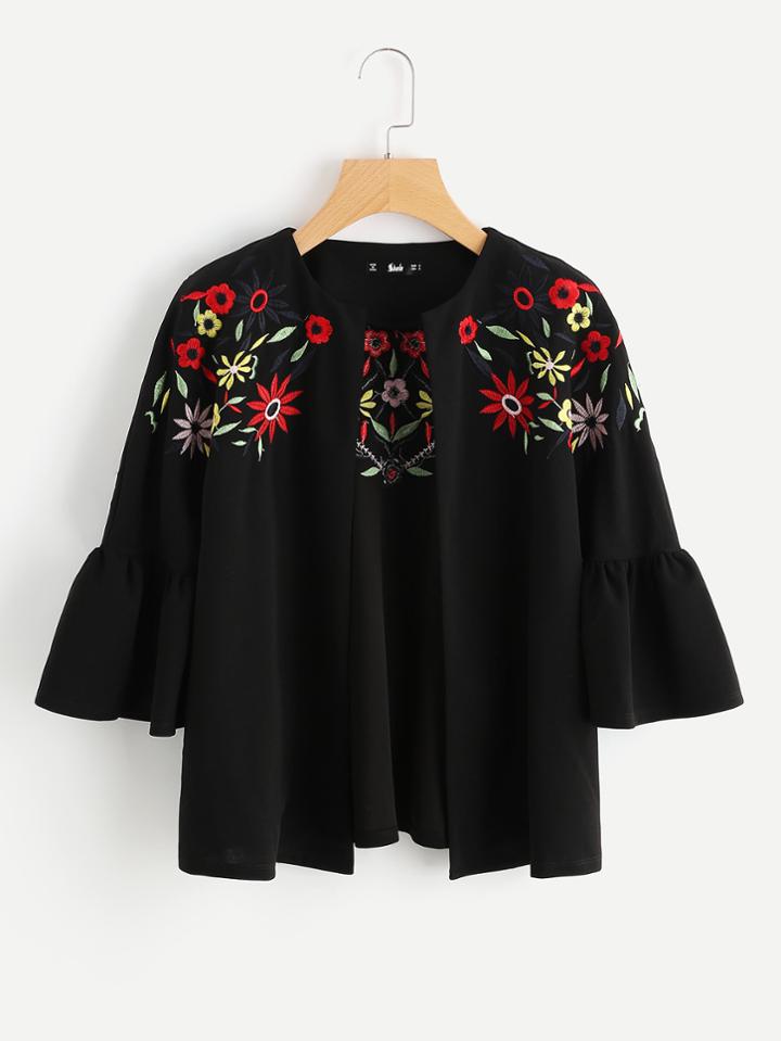 Romwe Embroidery Ruffle Bell Sleeve Blazer