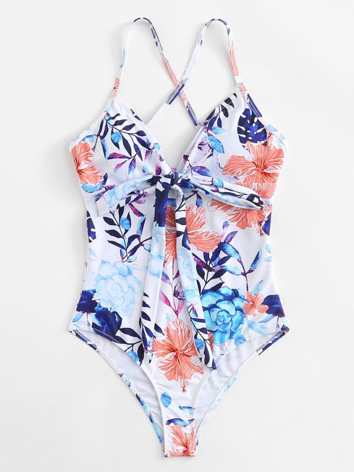 Romwe Flower Print Bow Tie Swimsuit
