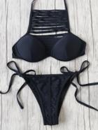 Romwe Black Ladder Cutout Tie Side Bikini Set