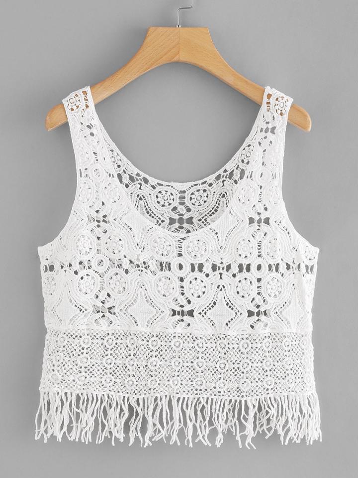 Romwe Fringe Hem Hollow Crochet Top