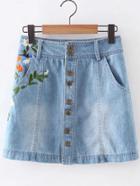 Romwe Blue Pockets Buttons Front Embroidery Denim Skirt