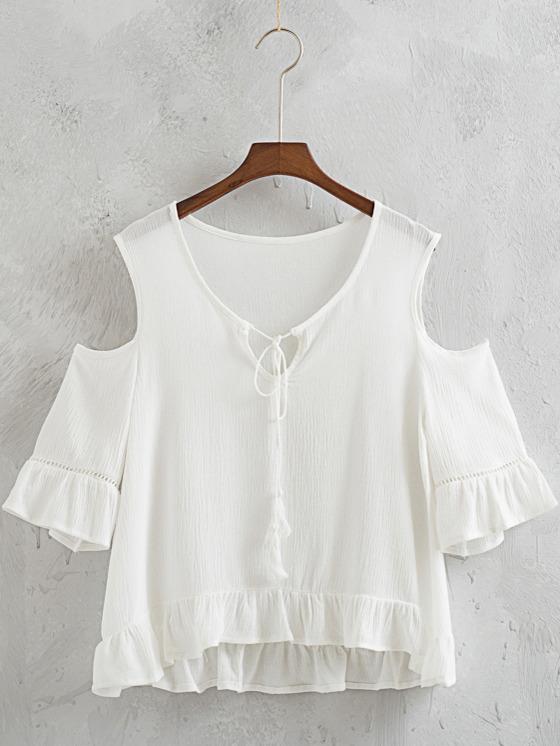 Romwe White Cold Shoulder Tassel Tie Ruffle Blouse
