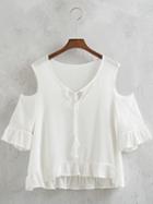 Romwe White Cold Shoulder Tassel Tie Ruffle Blouse