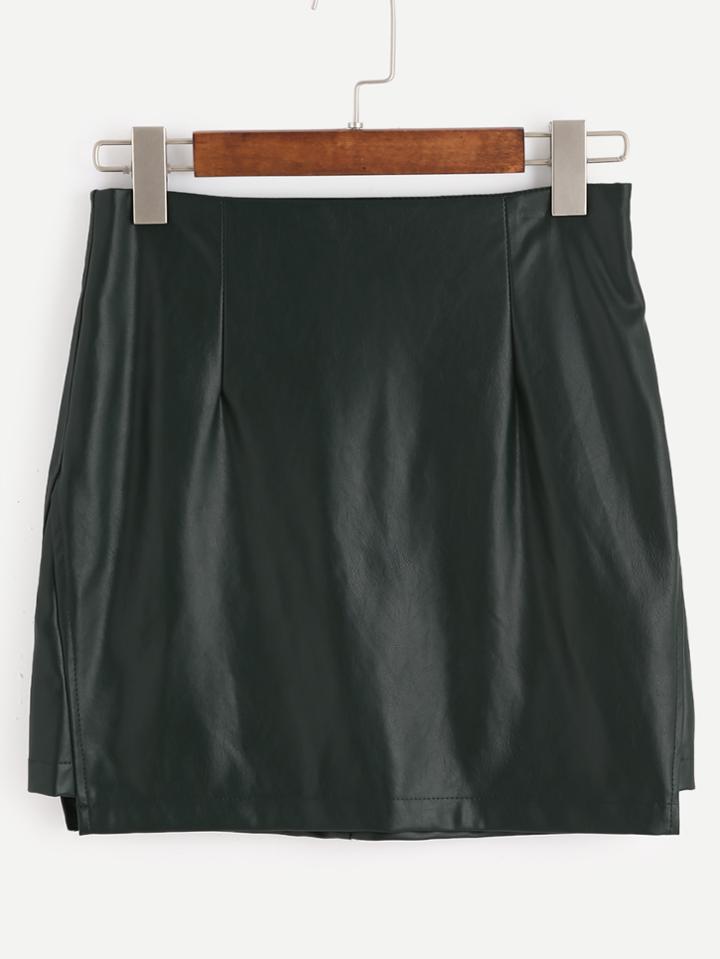 Romwe Dark Green Faux Leather Skirt With Zipper