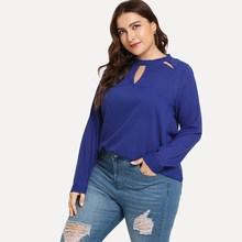 Romwe Plus Keyhole Front Solid Blouse