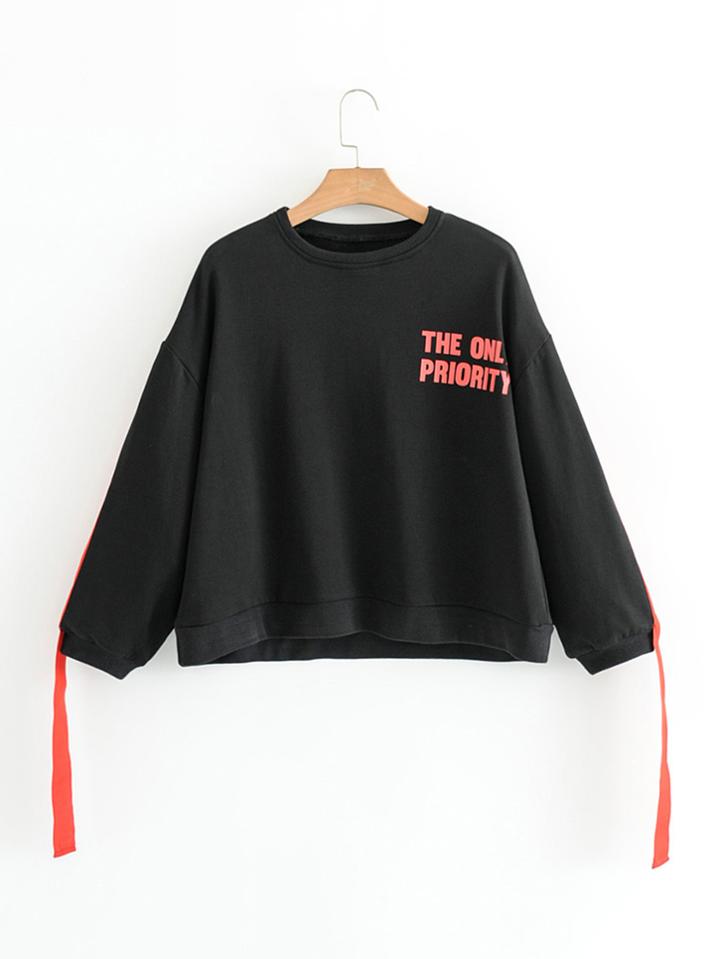 Romwe Slogan Print Strap Tape Sweatshirt