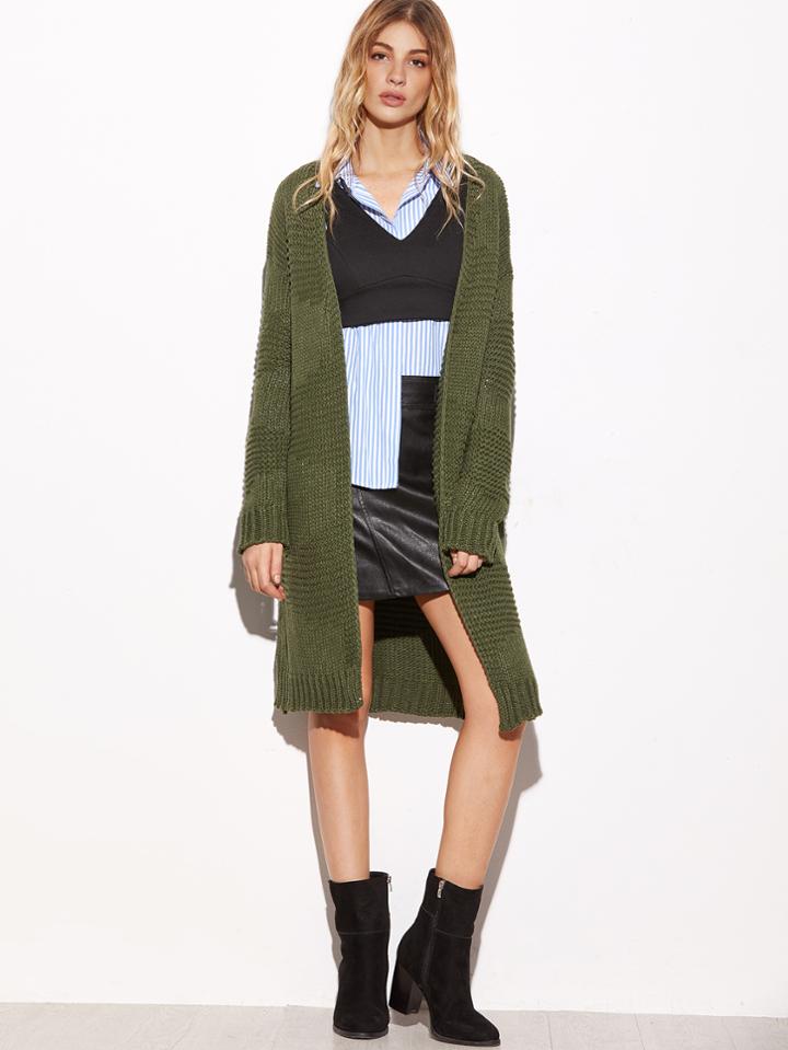 Romwe Army Green Dropped Shoulder Seam Open Front Cardigan