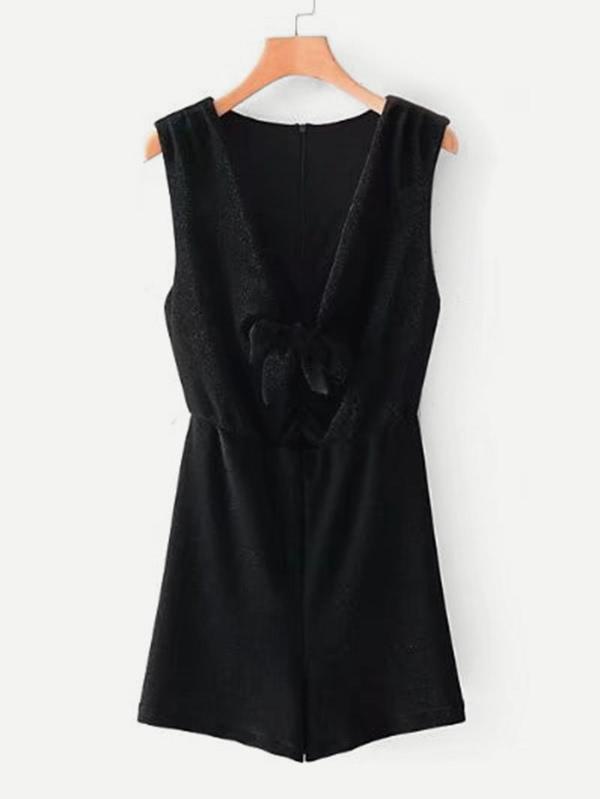 Romwe Plunge Neck Bow Tie Glitter Romper