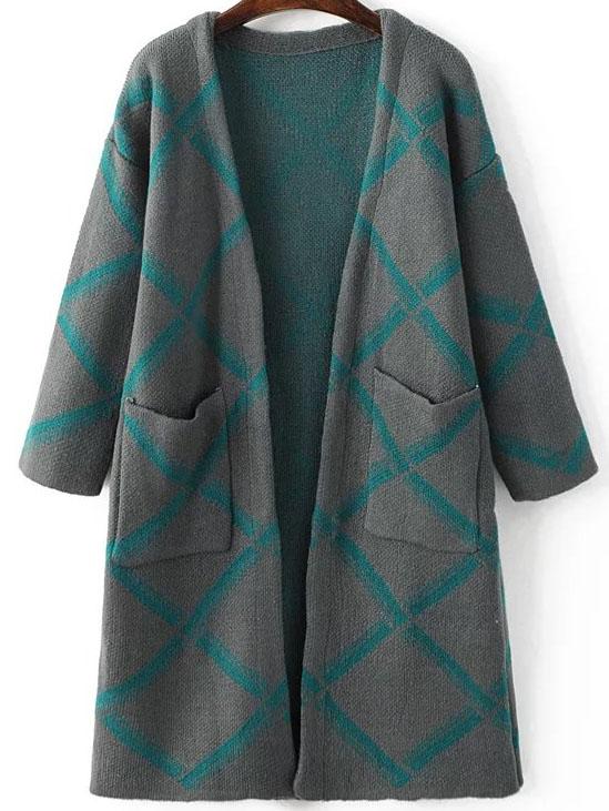 Romwe Grey Diamond Pattern Long Cardigan With Pockets