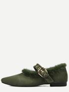 Romwe Army Green Point Toe Fur Trim Mary Jane Suede Shoes