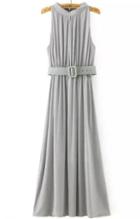 Romwe Sleeveless With Belt Pleated Maxi Grey Dress