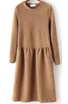 Romwe Round Neck Knit Khaki Sweater Dress