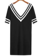 Romwe V Neck Striped-trim Knit Dress