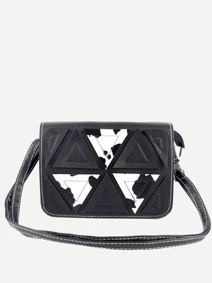 Romwe Black Cow Print Triangle Patch Flap Bag