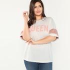 Romwe Plus Faux Fur Detail Letter Tee