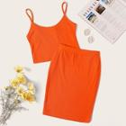 Romwe Plus Neon Orange Rib-knit Crop Cami Top & Bodycon Skirt Set
