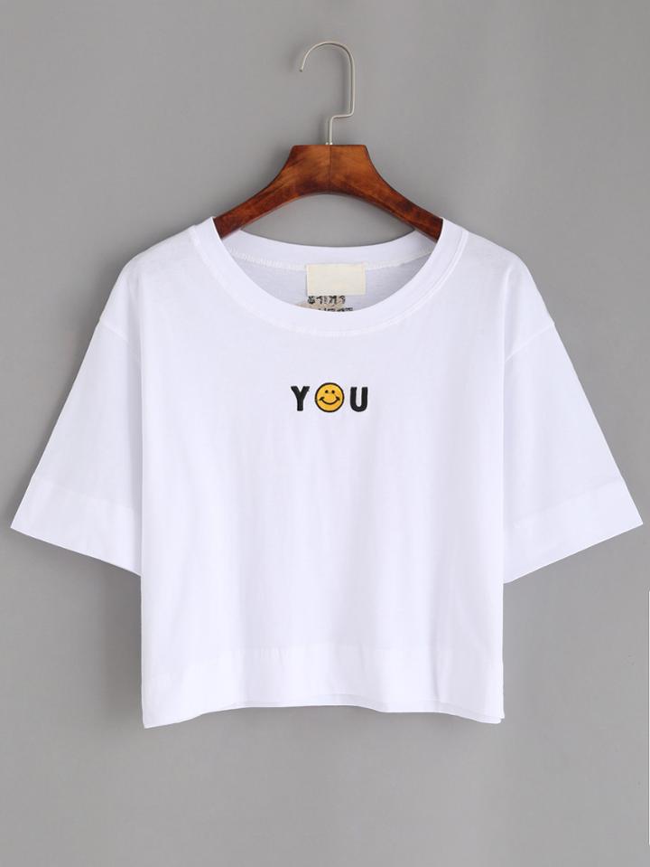 Romwe White Smiley Face Embroidered T-shirt