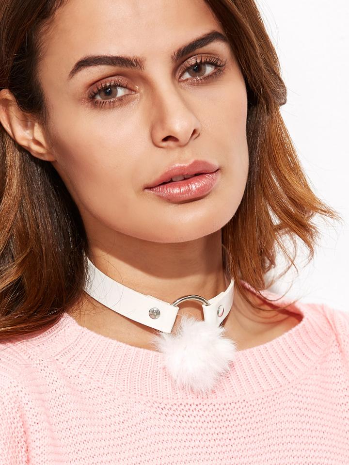Romwe White Metal Circle Pom Pom Choker Necklace