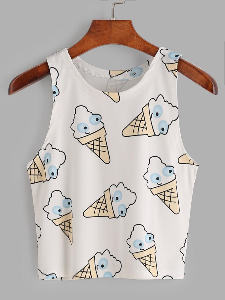 Romwe White Ice Cream Print Tank Top