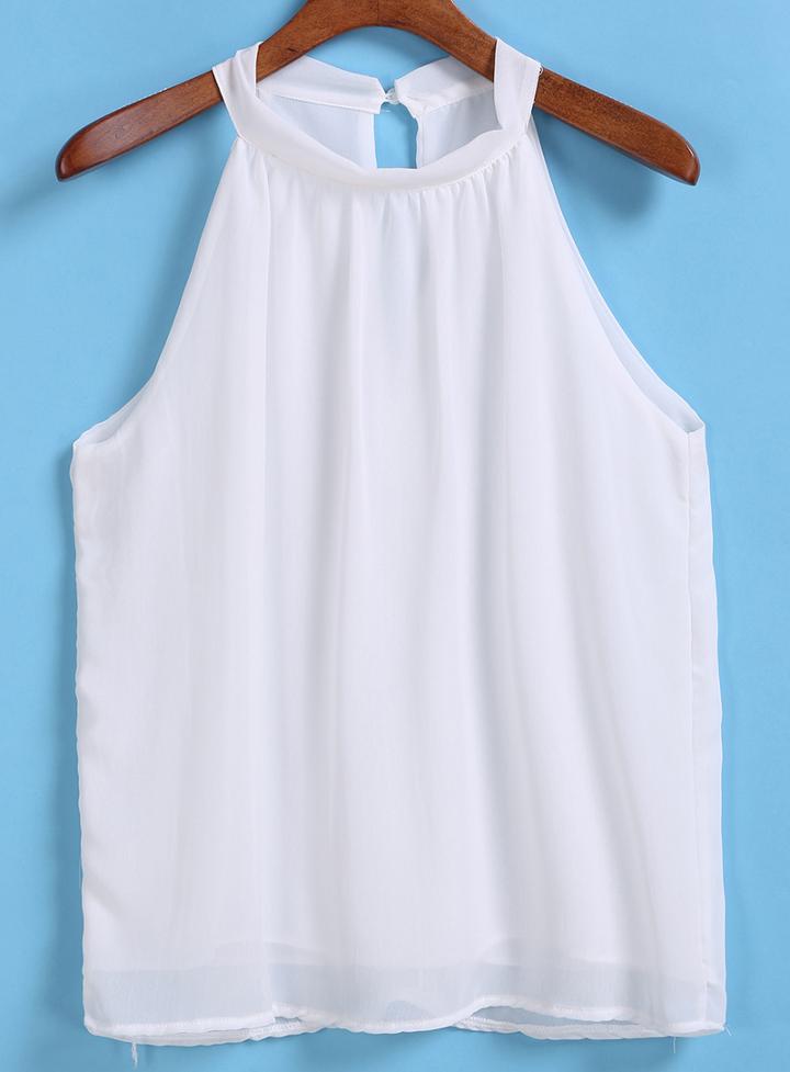 Romwe Halter Chiffon White Tank Top