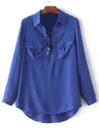 Romwe Blue Pockets Lace Up Front Long Sleeve Blouse