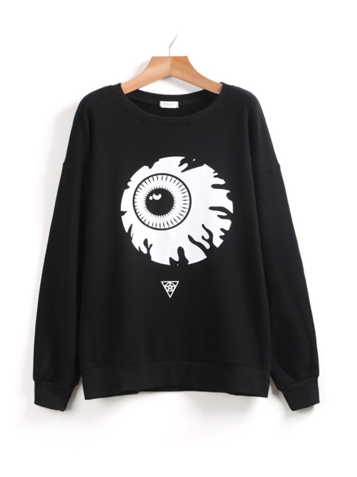Romwe Black Long Sleeve Eye Print Loose Sweatshirt