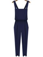 Romwe Criss Cross Strap Split Navy Jumpsuits
