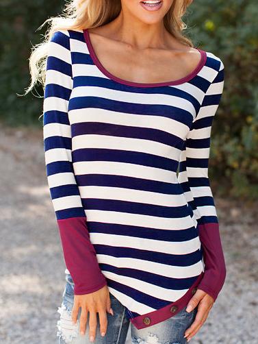 Romwe Long Sleeve Striped Asymmetrical T-shirt