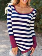 Romwe Long Sleeve Striped Asymmetrical T-shirt