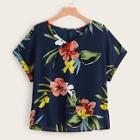 Romwe Plus V Neck Rolled Cuff Floral Print Tee