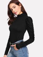 Romwe Ruched Detail Sleeve Solid Tee