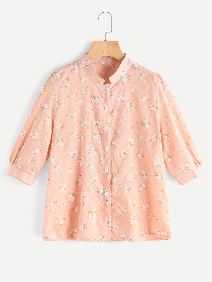 Romwe Stand Collar Ditsy Print Random Shirt