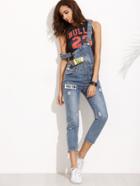 Romwe Blue Straps Ripped Letters Print Denim Overall Pants