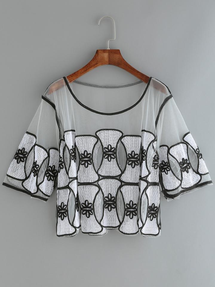 Romwe Elbow Sleeve Embroidered Organza Blouse