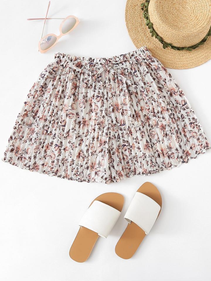 Romwe Chiffon Drawstring Waist Floral Print Shorts