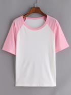 Romwe Contrast Raglan Sleeve Pink White T-shirt