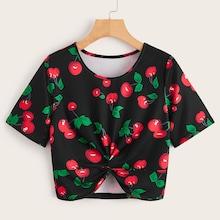 Romwe Cherry Print Twist Hem Tee