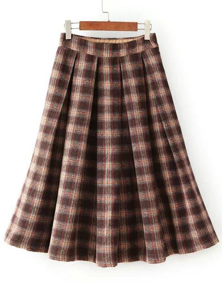 Romwe Plaid Zipper Pleated Coffee Skirt