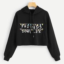 Romwe Pompom Detail Letter Print Hoodie