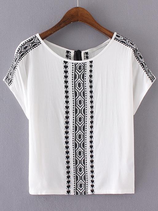 Romwe White Embroidery Key-hole Tassel Back Blouse