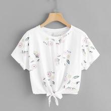 Romwe Knot Hem Floral Tee