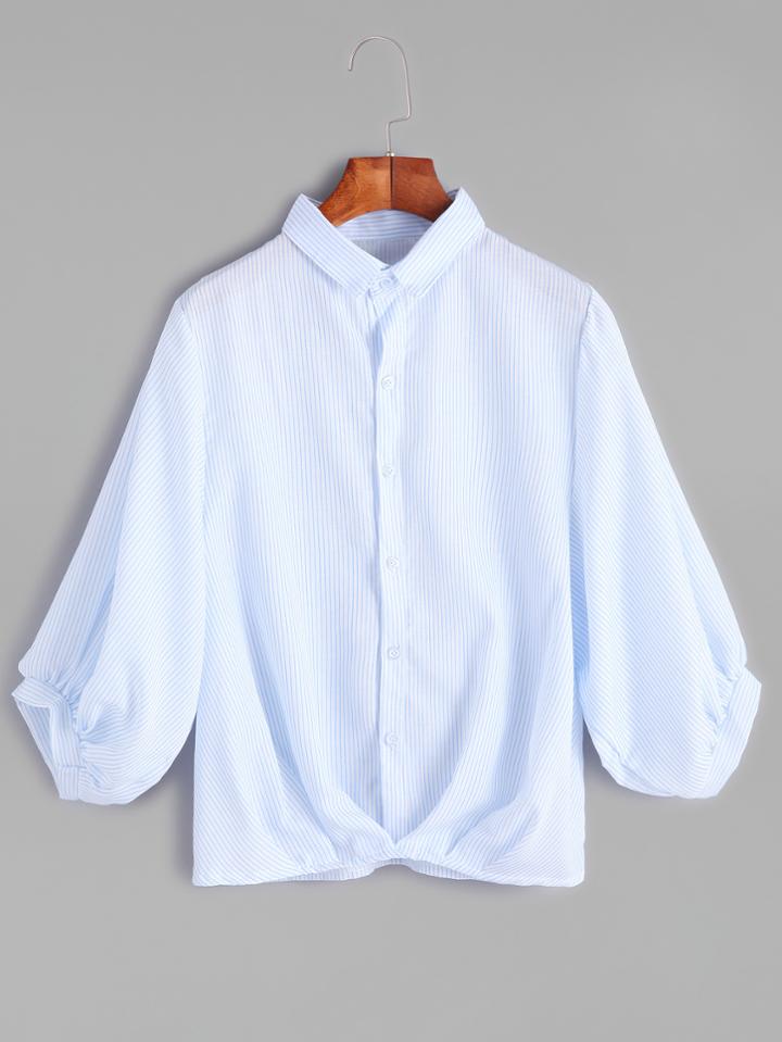 Romwe Blue Vertical Striped Puff Sleeve Blouse