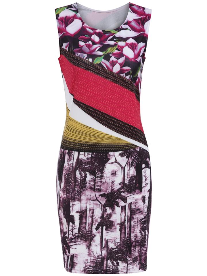 Romwe Sleeveless Florals Slim Dress