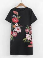 Romwe Flower Embroidery Shift Dress