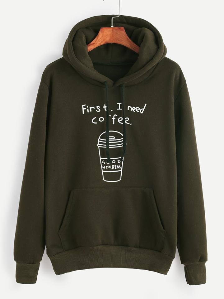 Romwe Army Green Printed Drawstring Hooded Sweatshirt With Pocket