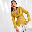 Romwe Notched Collar Belted Solid Blazer